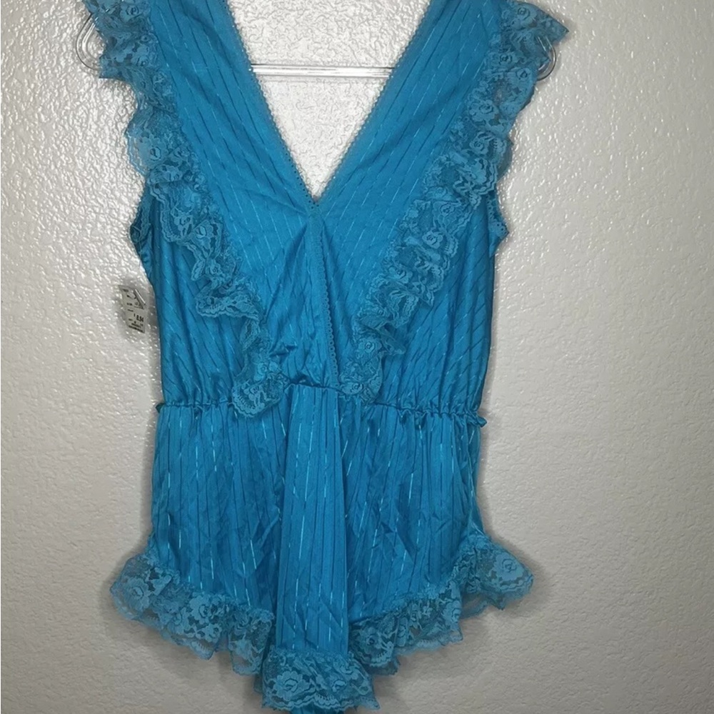 Vintage Night Time Creations Teal Silky Lace Romper Teddy New With Tags Med USA - Picture 2 of 8